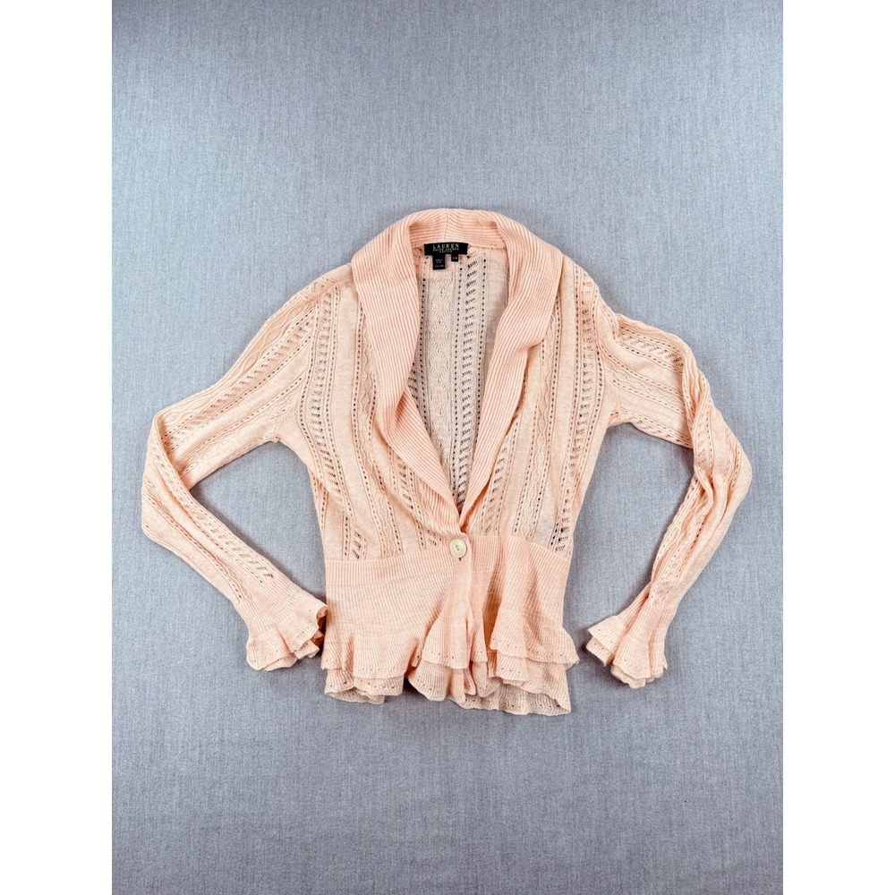 Lauren Ralph Lauren Petite Peach 100% Linen Pointelle Ruffle Cardigan PM